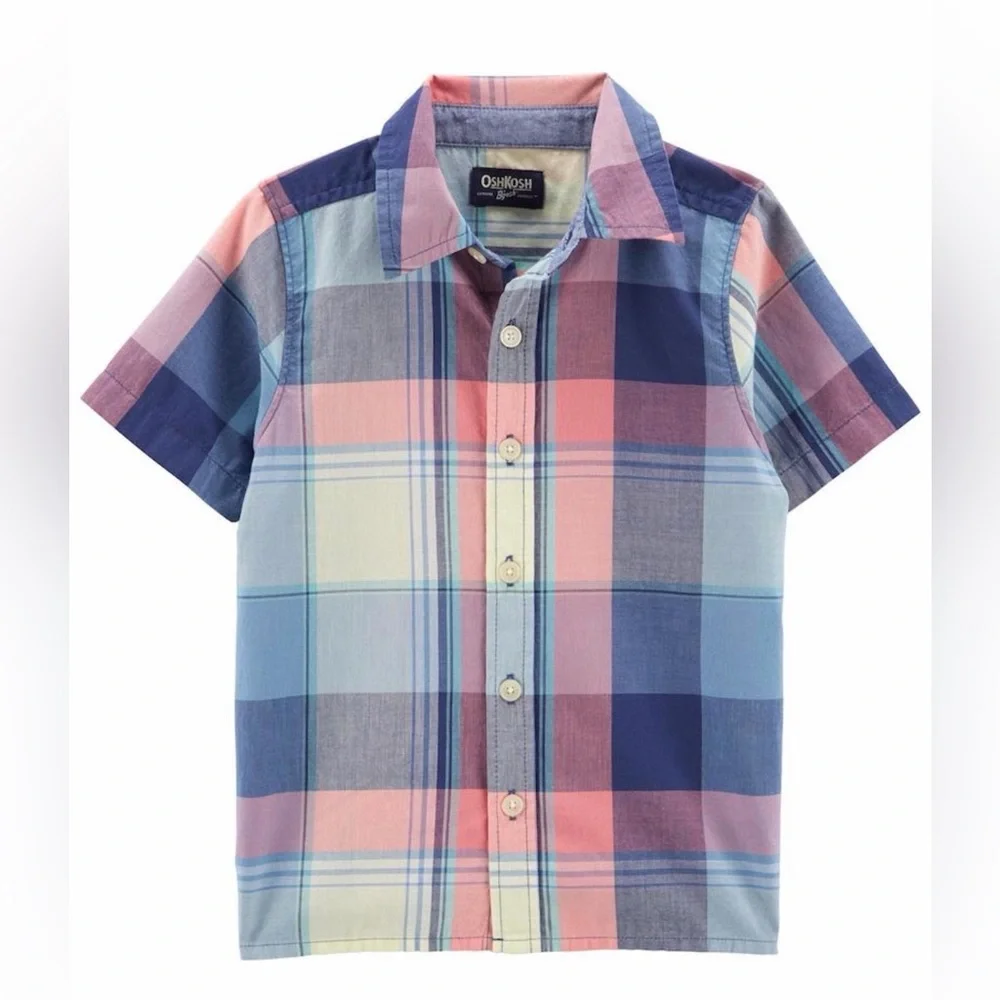 OshKosh Toddler Boy 3T Plaid‎ Button Up Shirt Blue Pink Short Sleeve